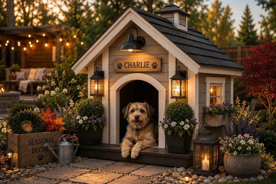 Charming cottage-style dog house with warm lanterns, lush gardens and custom details, featuring a happy terrier mix in a beautifully landscaped backyard.