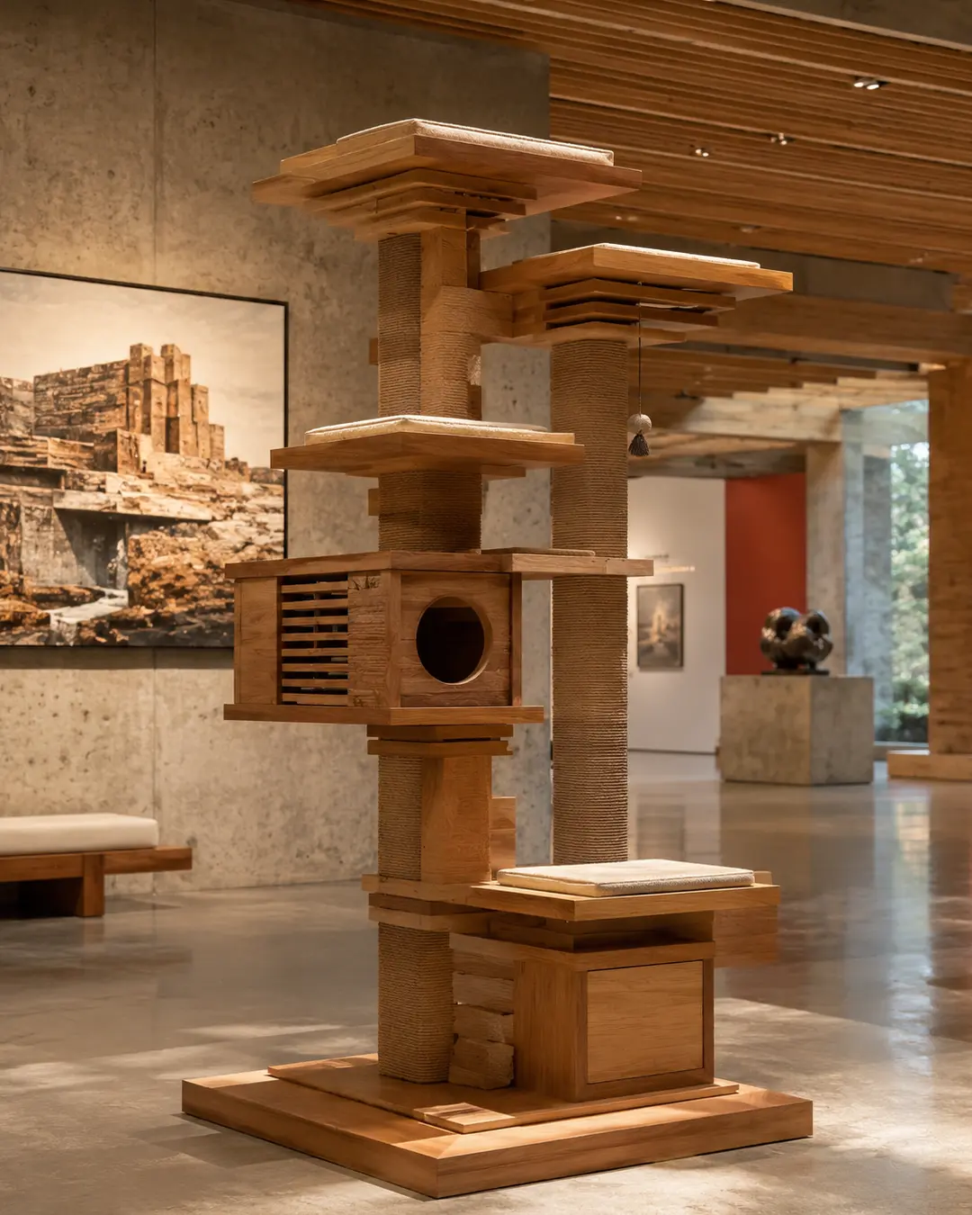 Frank Lloyd Wright-inspired luxury cat tree featuring cantilevered platforms, warm oak craftsmanship, geometric design, and timeless Prairie School architecture.