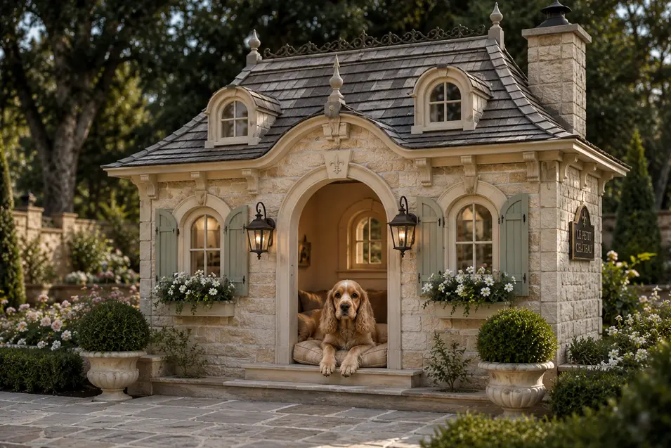 Luxury French Country Chateau dog house with stone walls, arched doorway, flower boxes, antique lanterns, and a charming Cocker Spaniel.
