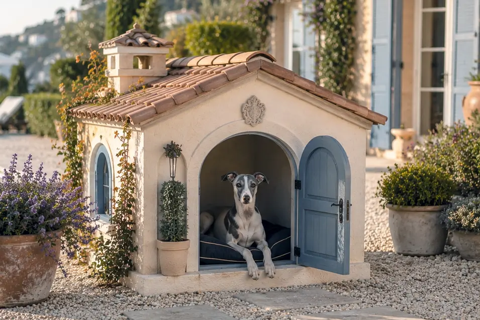 Elegant Mediterranean dog house with a terracotta roof and stucco finish, featuring a graceful Whippet relaxing in a sun-soaked luxury courtyard.