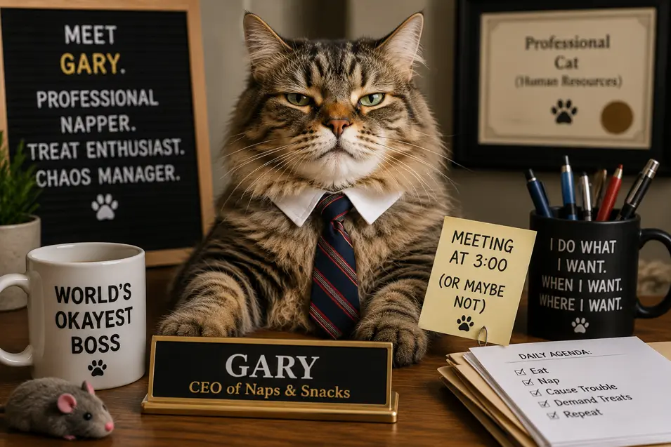 Fluffy tabby cat dressed as a CEO, confidently running the office with a tie, coffee mugs, funny signs, and a title worthy of every feline boss.