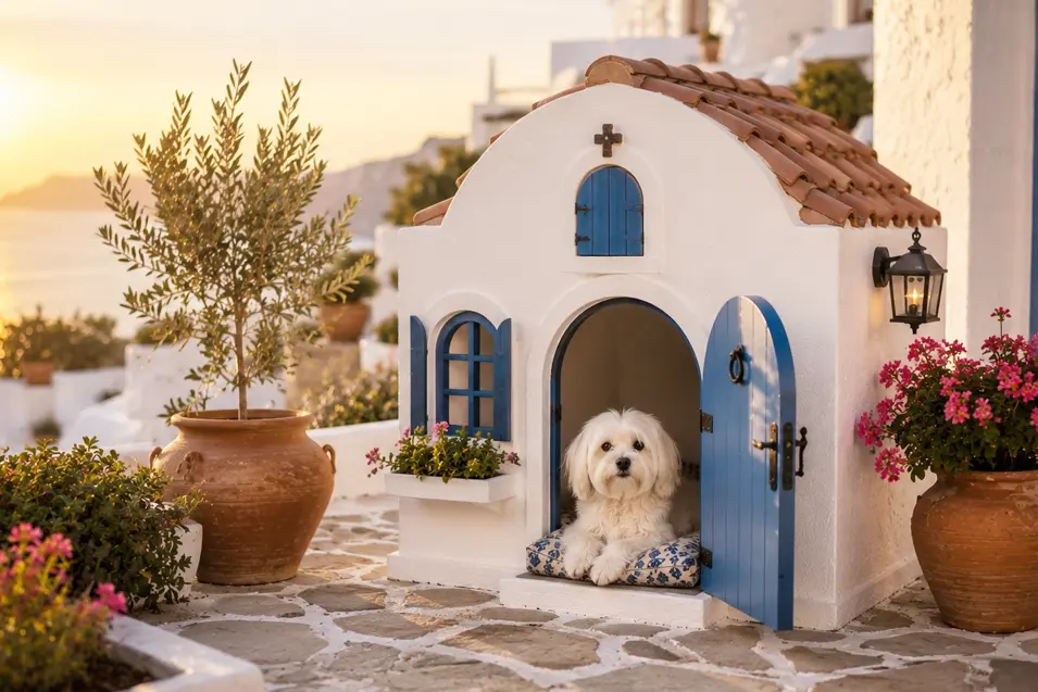 Charming Santorini-inspired Mediterranean dog house with white stucco, blue shutters and terracotta roof, featuring an adorable Coton de Tulear by the sea.