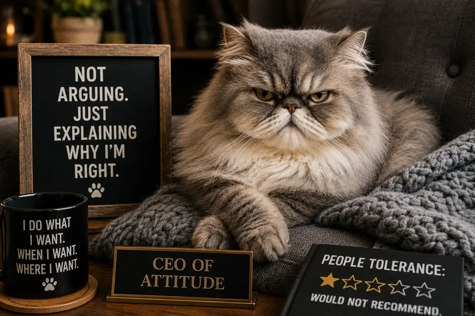 Grumpy Persian cat proudly serving as the "CEO of Attitude," surrounded by sarcastic signs, cozy blankets, and an expression that says it all.