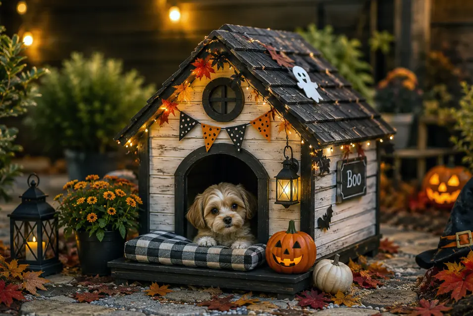 Adorable Halloween cottage dog house with glowing lanterns, pumpkins and autumn décor, featuring a sweet fluffy puppy ready for spooky season.