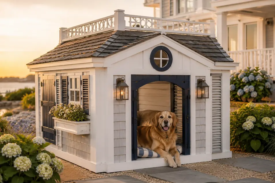 Charming coastal dog house with cedar shingles, rooftop deck and nautical accents, featuring a happy Golden Retriever by the seaside.