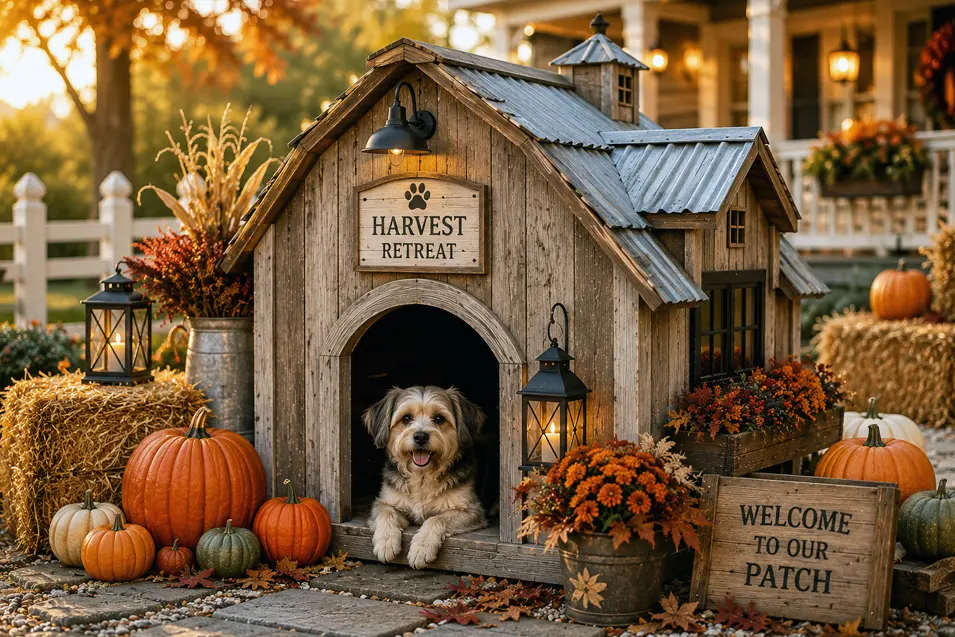 Rustic harvest-themed dog house with pumpkins, lanterns and autumn décor, featuring an adorable fluffy puppy in a cozy fall farmhouse setting.