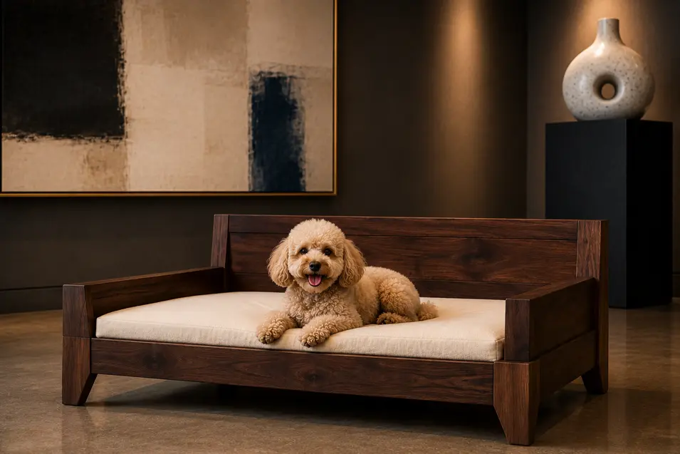 Modern dark walnut dog bed with a plush cream cushion, featuring a happy toy poodle in a sophisticated, gallery-inspired interior.