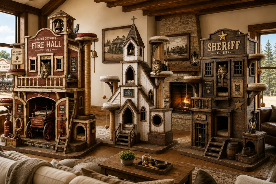 Three handcrafted Prairie Crossing cat trees—a fire hall, country church, and sheriff's office—bring historic prairie charm to a luxurious rustic living room.