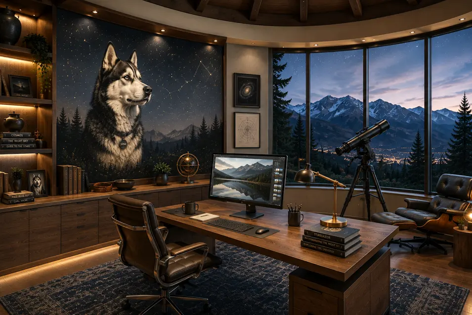 Luxury observatory home office with a custom Husky mural, panoramic mountain views, a telescope, and rich walnut finishes beneath a star-filled ceiling.