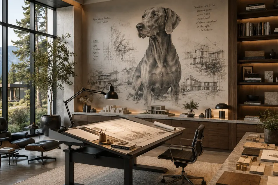 Architect's home office with a custom Weimaraner mural, drafting table, walnut cabinetry, and modern design studio overlooking a wooded landscape.