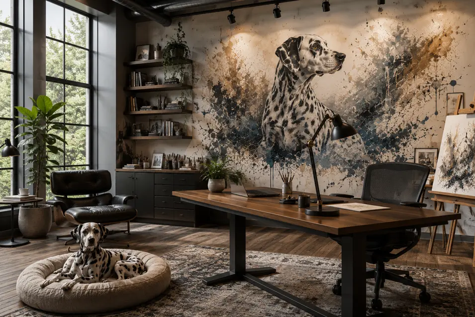 Contemporary artist's home office with a striking Dalmatian mural, industrial shelving, warm wood finishes, and a cozy dog bed beside the workspace.
