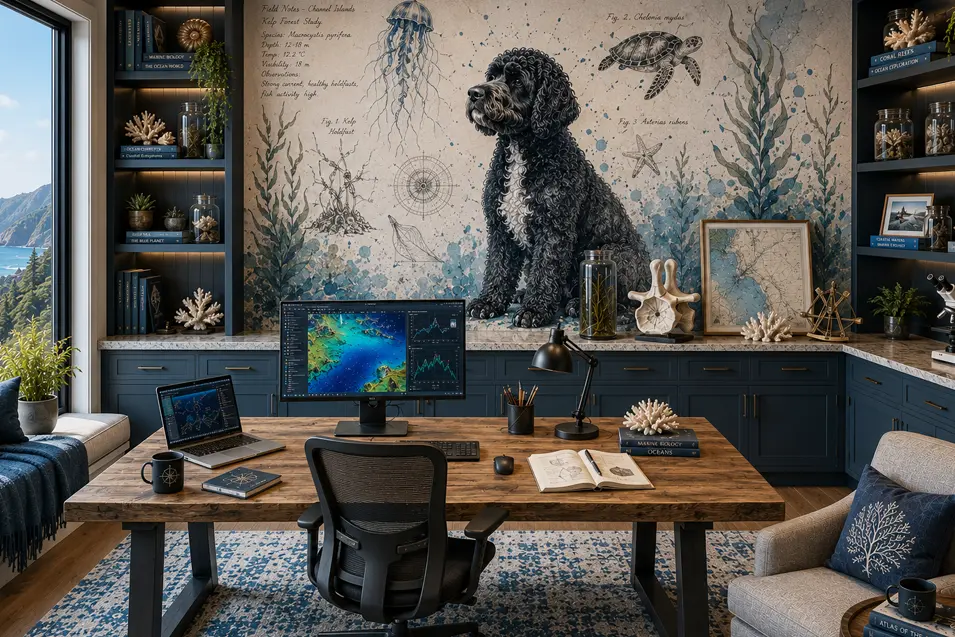 Coastal-inspired home office with a custom black dog mural, ocean-themed décor, built-in cabinetry, and panoramic views for a sophisticated workspace.