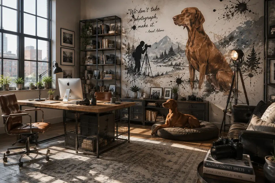 Luxury photographer's home office featuring an artistic dog mural, industrial shelving, vintage cameras, and a cozy pet bed in a light-filled workspace.
