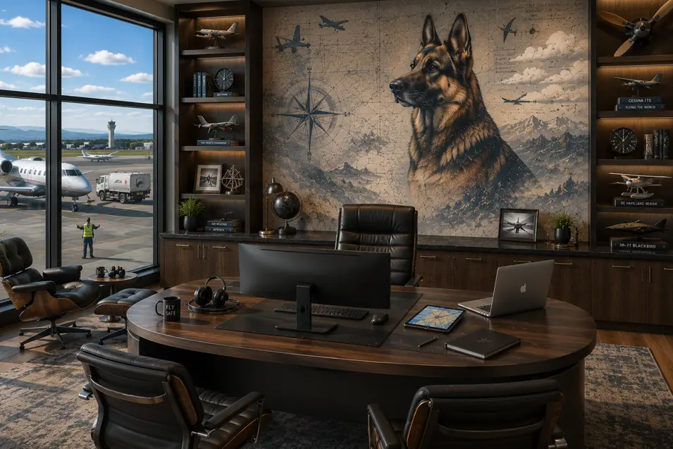 Luxury aviation-inspired home office with a custom German Shepherd mural, walnut cabinetry, airport runway views, and elegant executive furnishings.