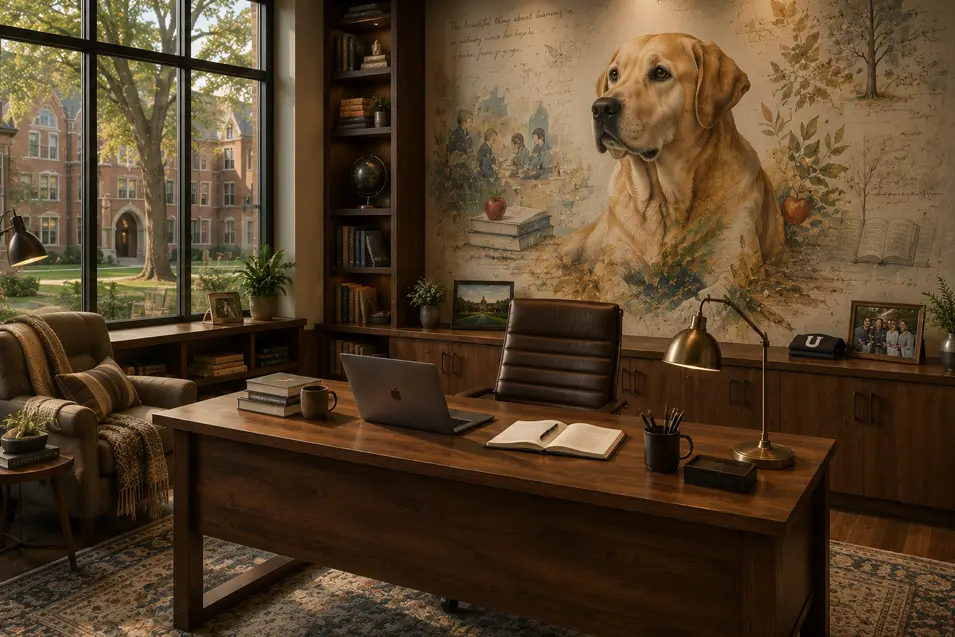 Warm academic home office featuring a custom Labrador mural, rich walnut cabinetry, campus views, and timeless furnishings inspired by teaching and learning.