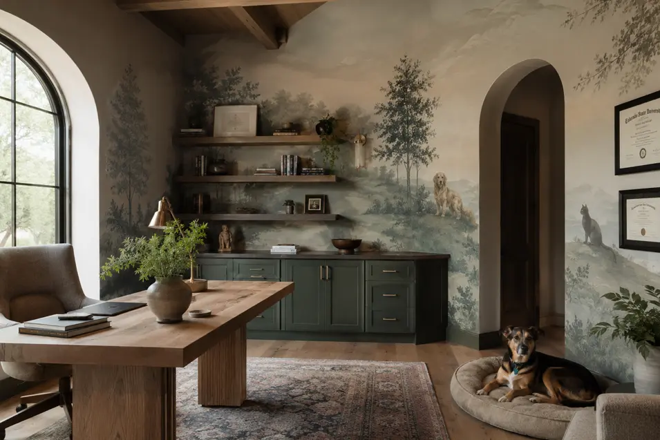 Elegant veterinarian's home office with a scenic dog mural, custom cabinetry, warm wood accents, and a peaceful workspace overlooking nature.