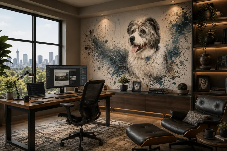 Modern home office with a custom shaggy dog mural, walnut cabinetry, city views, and contemporary furnishings designed for a stylish creative workspace.