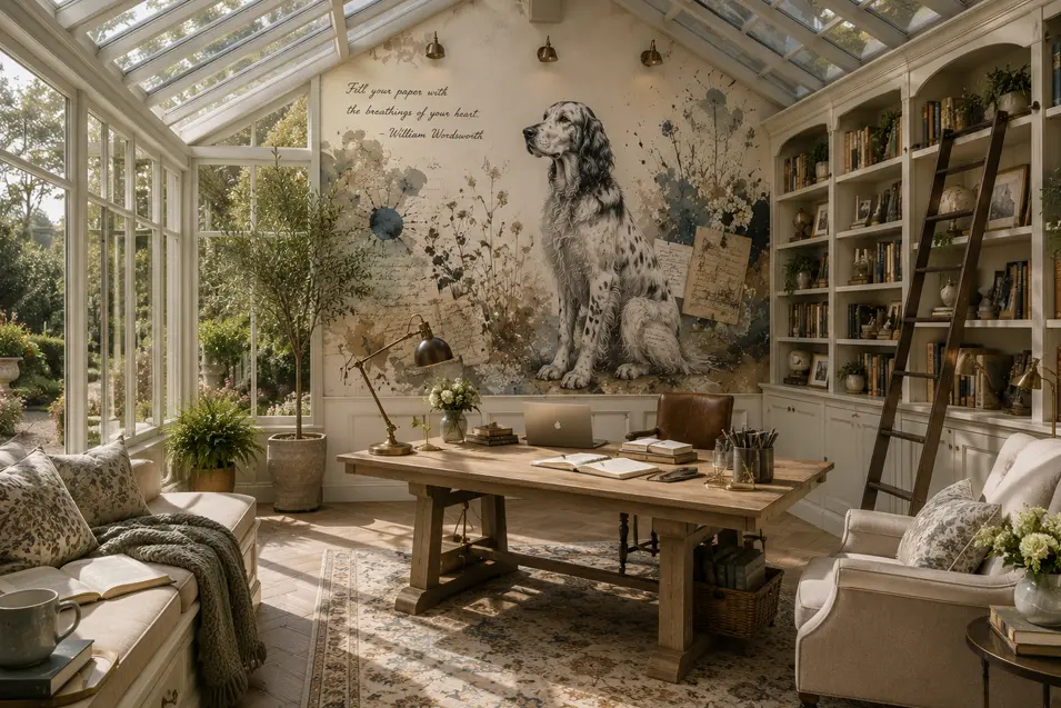 Bright sunroom home office with a hand-painted English Setter mural, custom built-in bookshelves, skylights, and garden views for an elegant workspace.