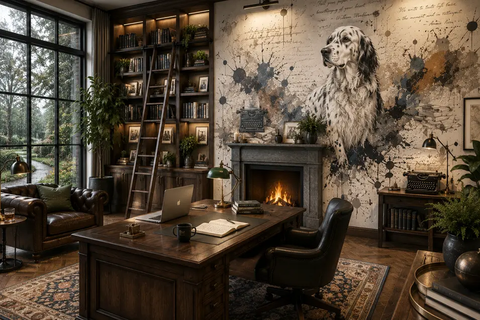 Designer home office with floor-to-ceiling bookshelves, a stone fireplace, and a hand-painted English Setter mural creating a warm, timeless workspace.
