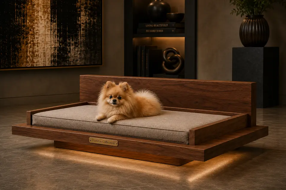 Luxury floating walnut platform dog bed with clean minimalist lines, a plush taupe cushion and contemporary gallery-inspired elegance.
