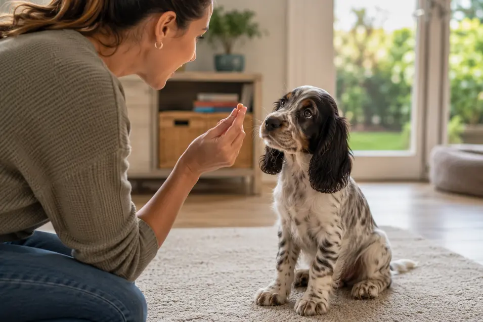 Person using positive reinforcement with treats to teach a young Spaniel puppy its name, encouraging focus, attention, and early obedience training.