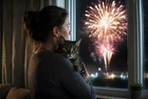 A woman holds a wide-eyed cat while watching fireworks through the window. The anxious cat clings to her in the dimly lit room.