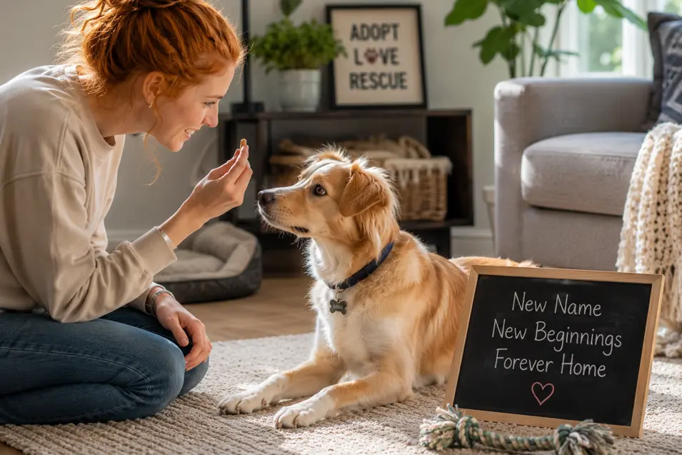 Rescue dog learning its new name with positive reinforcement, celebrating a fresh start, trust, and a loving forever home after adoption.