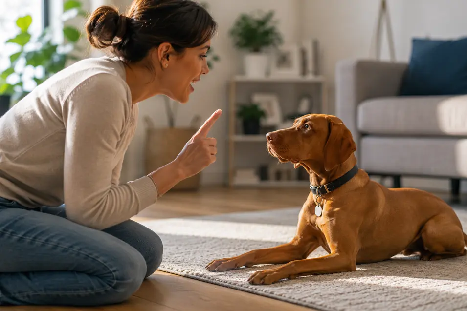 Person training a young dog to recognize its name during a positive reinforcement session in a bright, welcoming living room.