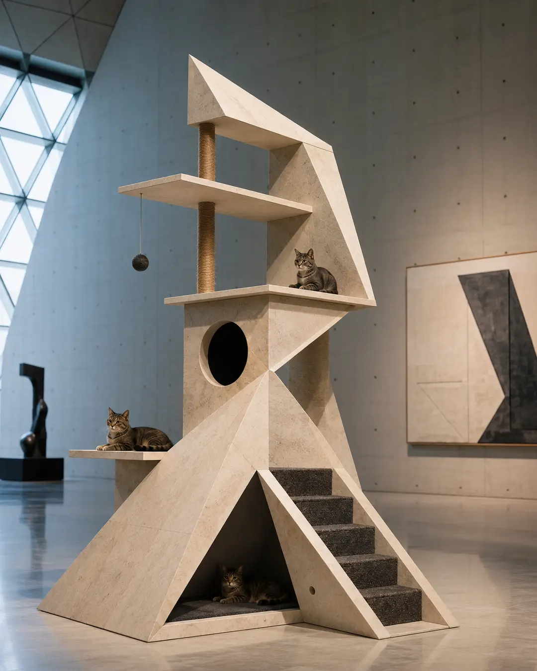 I. M. Pei-inspired luxury cat tree with striking geometric forms, sculptural stone surfaces, and bold modernist architecture defined by sharp angles and light.