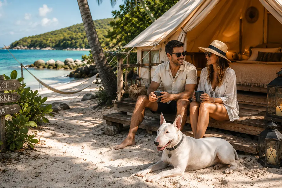 Luxury island beach glamping with a Bull Terrier, crystal-clear turquoise water, sandy beach and a cozy canvas tent beside swaying palm trees.
