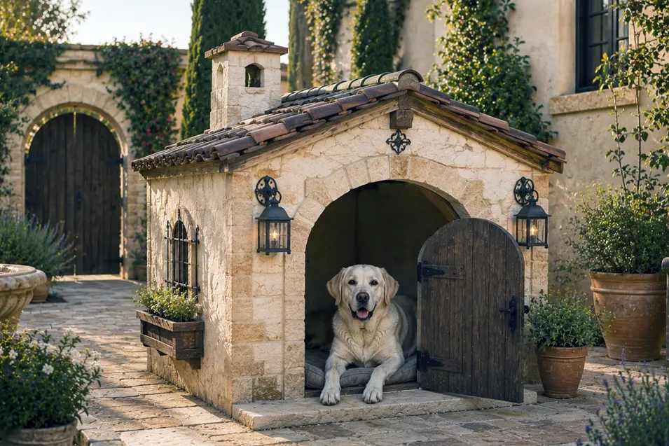 Charming Mediterranean stone dog house with a terracotta roof, arched entrance and rustic details, featuring a happy Labrador Retriever in a luxury courtyard.