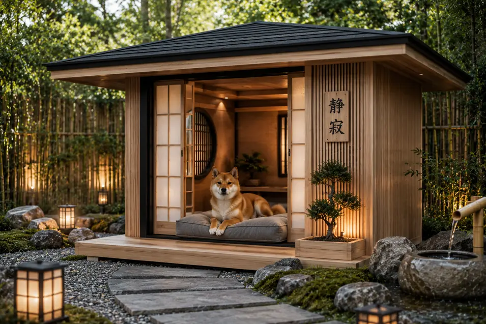Luxury Japanese Zen dog house with cedar slats, shoji accents, bamboo garden, stone path, and a peaceful Shiba Inu relaxing inside.