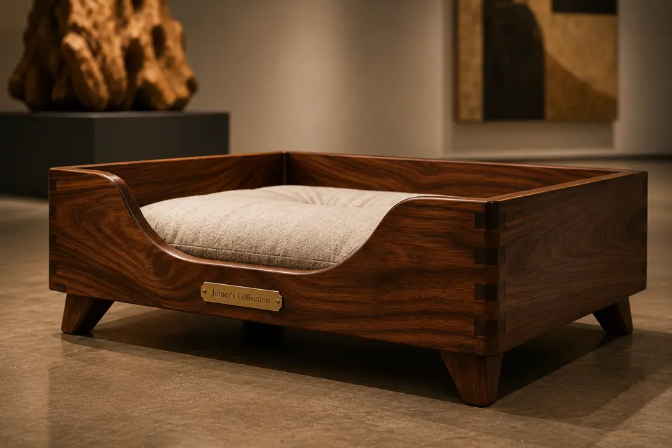 Luxury handcrafted walnut dog bed with elegant joinery, a plush cream cushion, and timeless modern design showcased in a gallery-inspired setting.