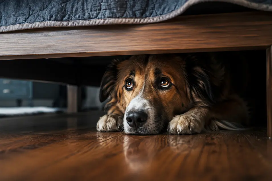 An anxious dog hides under a bed, seeking comfort from loud noises, with worried eyes and a cinematic, low-light atmosphere.