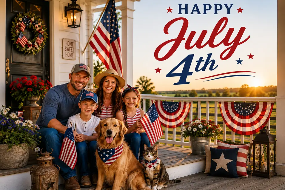 Celebrate the Fourth of July with family, a happy dog and cat, patriotic flags, and festive porch décor at a beautiful farmhouse home.