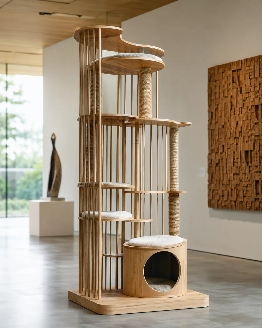 Kengo Kuma-inspired luxury cat tree crafted with warm natural wood, delicate slatted screens, layered platforms, and serene Japanese minimalist architecture.