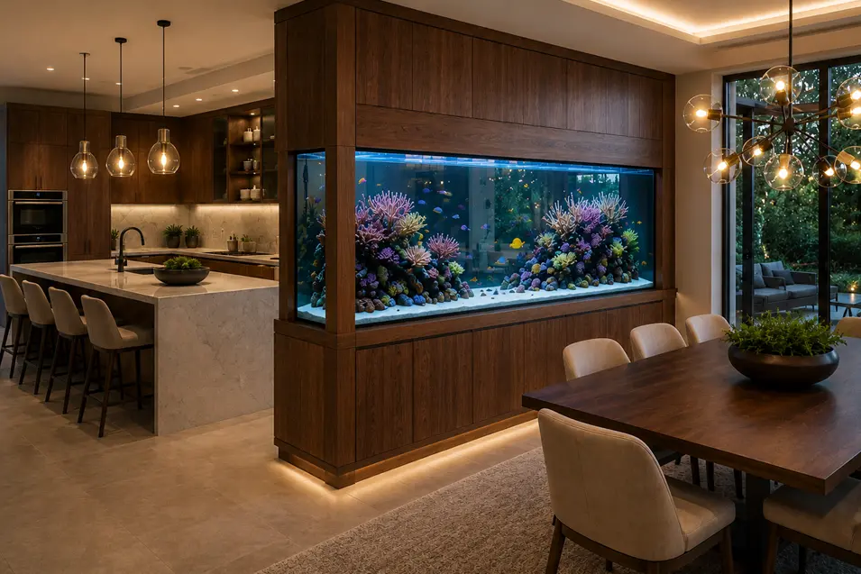Luxury walnut kitchen with a built-in reef aquarium dividing the kitchen and dining room, blending contemporary architecture with vibrant marine life.