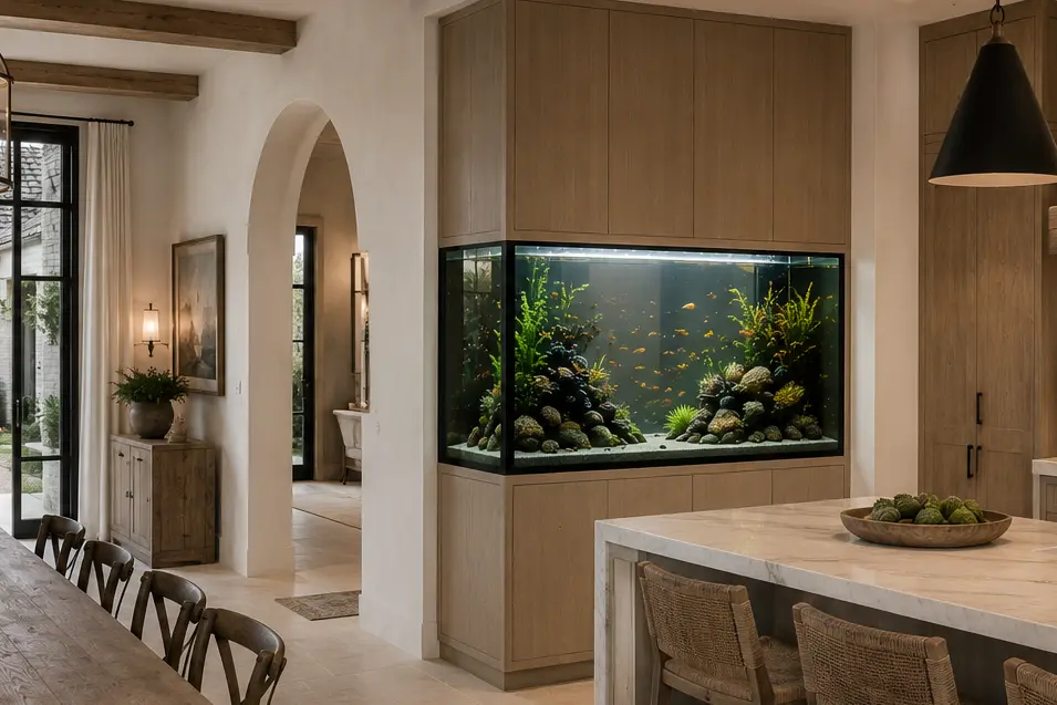 Luxury transitional kitchen with a built-in freshwater aquarium, warm oak cabinetry, marble island, and timeless architecture blending elegance with nature.