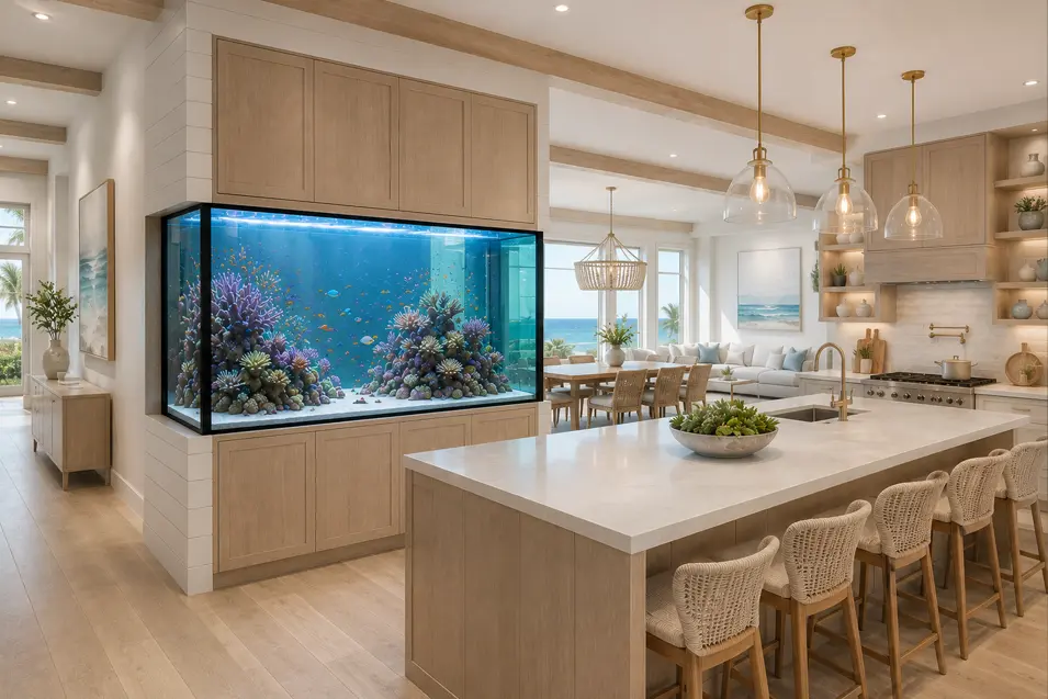 Luxury coastal kitchen with a built-in reef aquarium, light oak cabinetry, woven bar stools, and panoramic ocean views in a bright open-concept home.