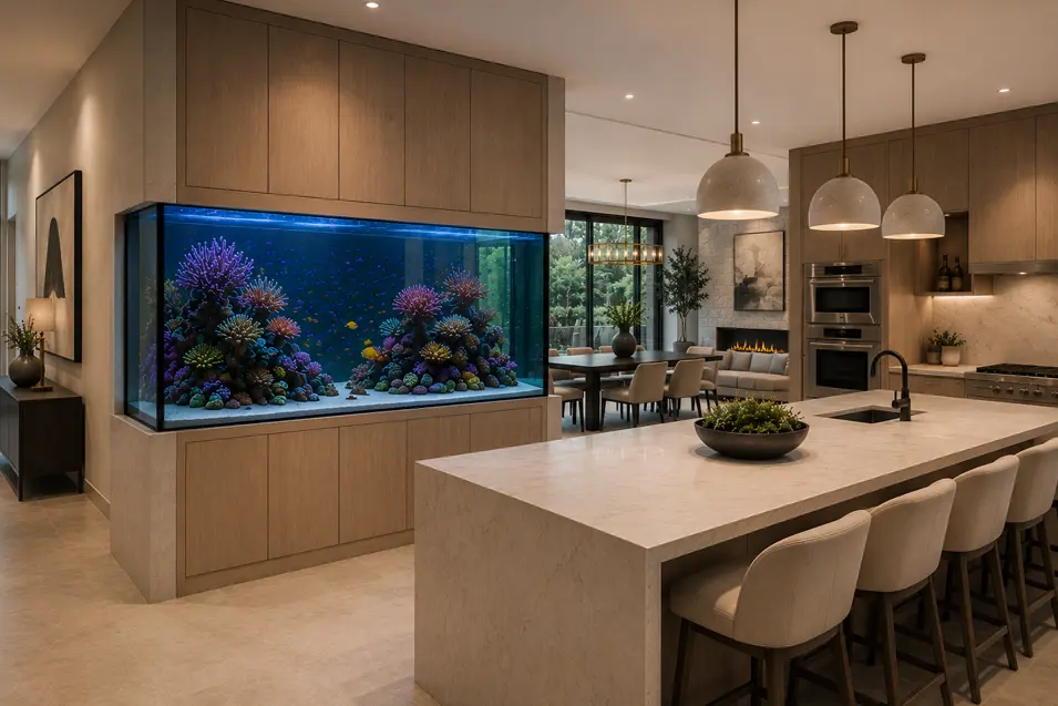 Luxury light oak kitchen with a built-in reef aquarium, waterfall island, and elegant open-concept design connecting the kitchen, dining, and living spaces.