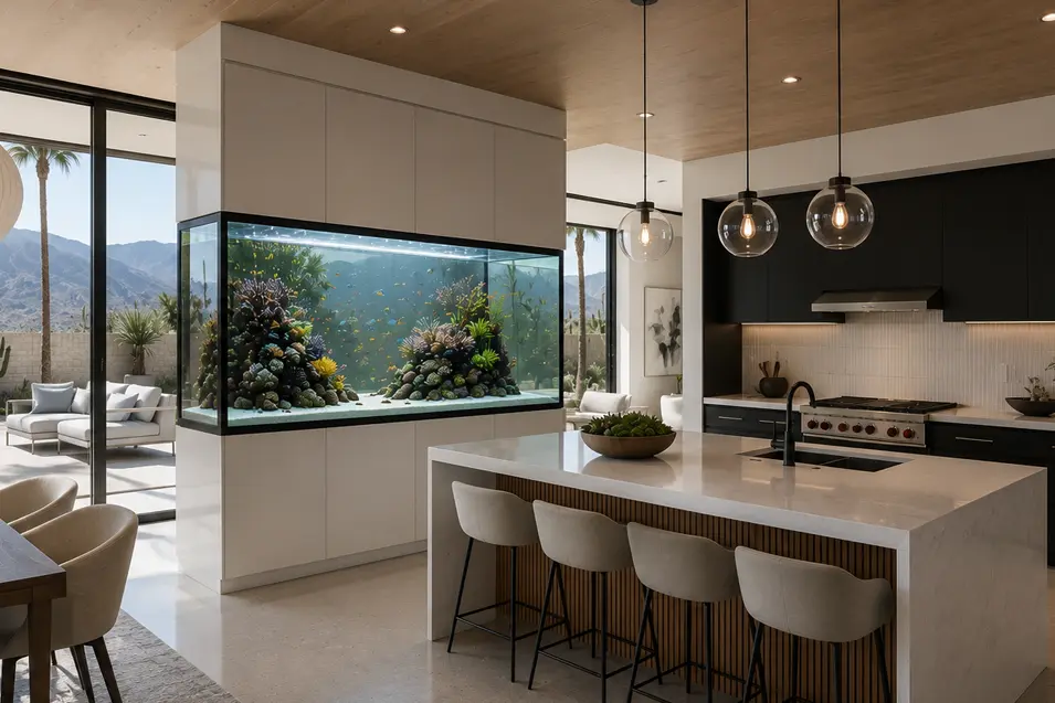 Luxury desert-modern kitchen with a built-in reef aquarium, waterfall island, floor-to-ceiling glass, and stunning mountain views in a contemporary open-concept home.