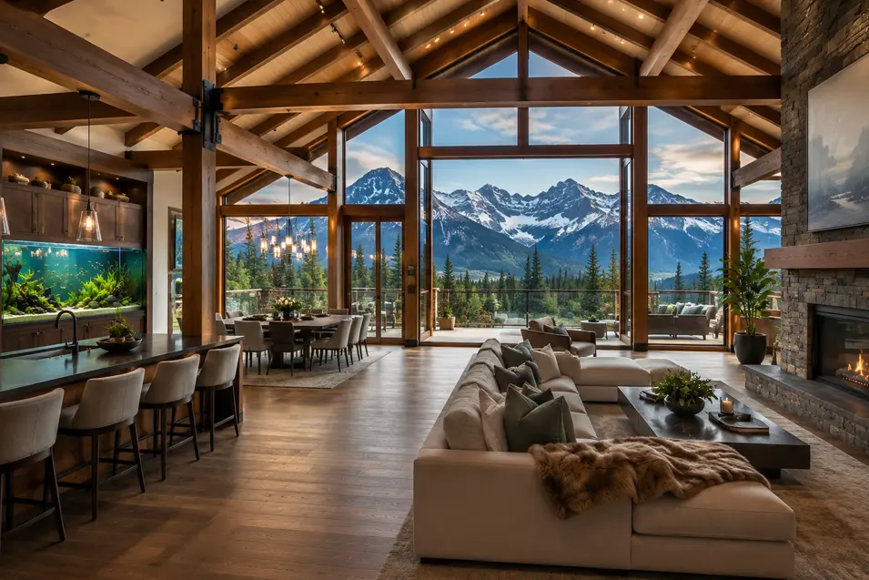 Luxury mountain lodge with a gourmet kitchen, built-in freshwater aquarium, soaring timber ceilings, and panoramic alpine views through dramatic floor-to-ceiling windows.