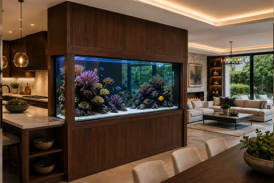 Luxury open-concept kitchen featuring a built-in reef aquarium divider, rich walnut cabinetry, and seamless views into an elegant contemporary living room.