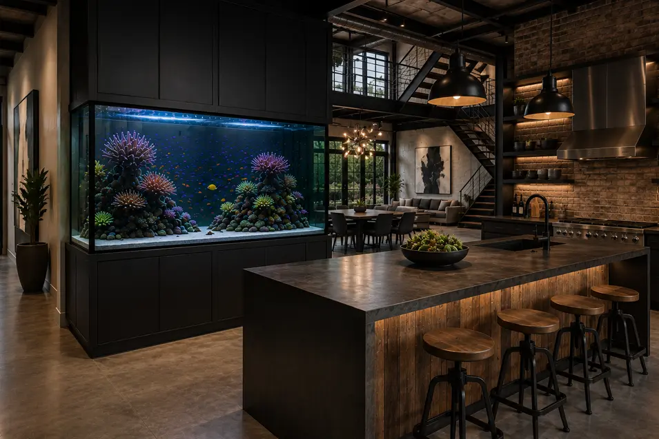 Luxury industrial kitchen with a built-in reef aquarium, black cabinetry, exposed brick, steel accents, and a dramatic open-concept loft design.