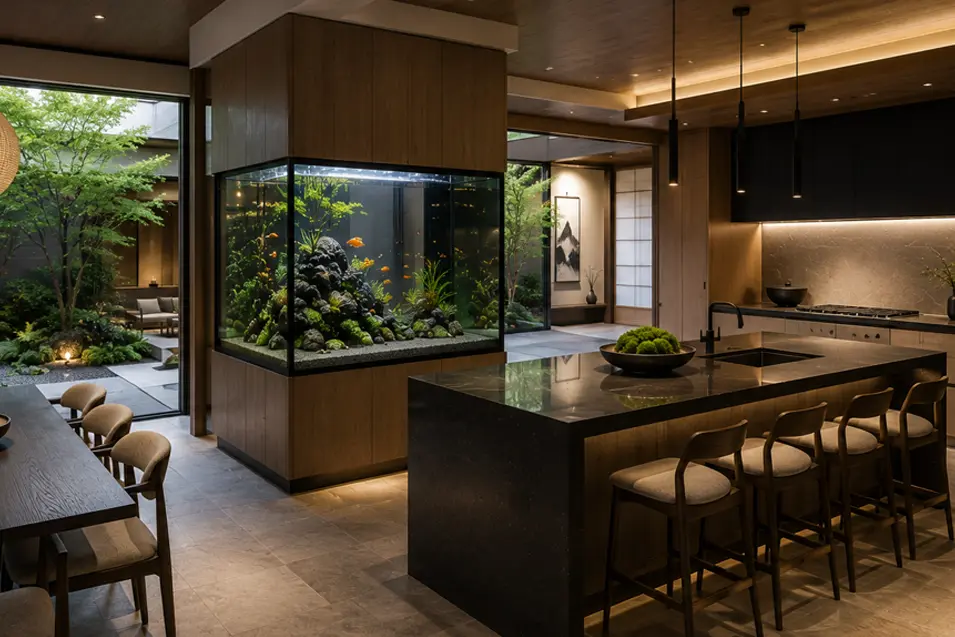 Luxury Japanese-inspired kitchen with a built-in freshwater aquarium, warm walnut cabinetry, serene courtyard views, and refined contemporary design.