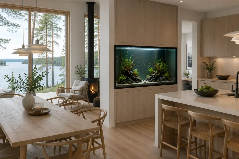 Luxury Scandinavian kitchen with a built-in freshwater aquarium, light oak cabinetry, minimalist design, and serene lakeside views filled with natural light.