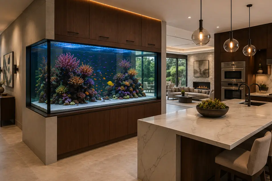 Luxury contemporary kitchen with a built-in corner reef aquarium, warm walnut cabinetry, marble island, and seamless open-concept living design.