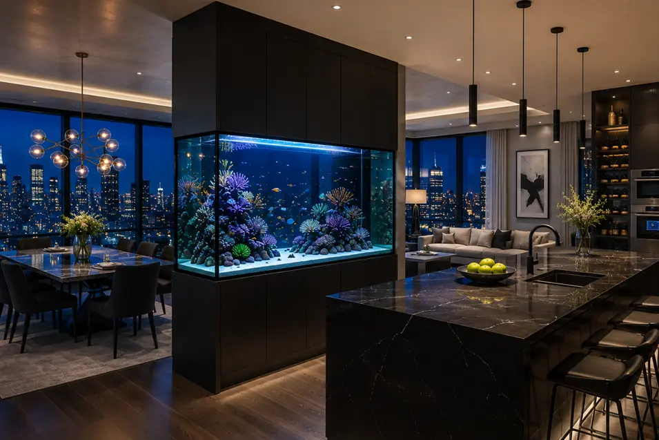 Luxury penthouse kitchen with a built-in reef aquarium, dramatic black cabinetry, marble island, and breathtaking city skyline views at night.