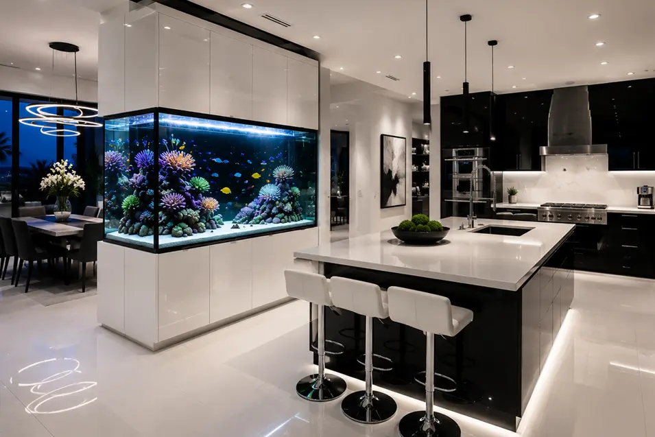 Luxury black-and-white kitchen with a built-in corner reef aquarium, waterfall island, and striking contemporary design illuminated by dramatic architectural lighting.