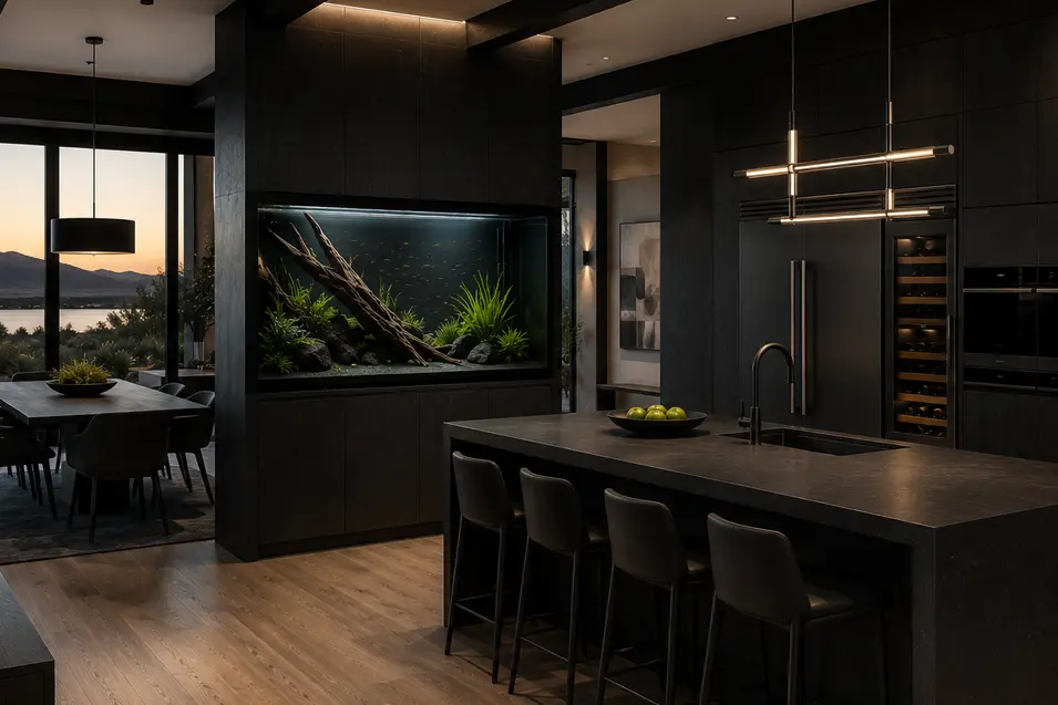 Luxury modern black kitchen with a built-in freshwater aquarium, sleek stone island, integrated wine storage, and sophisticated minimalist design.